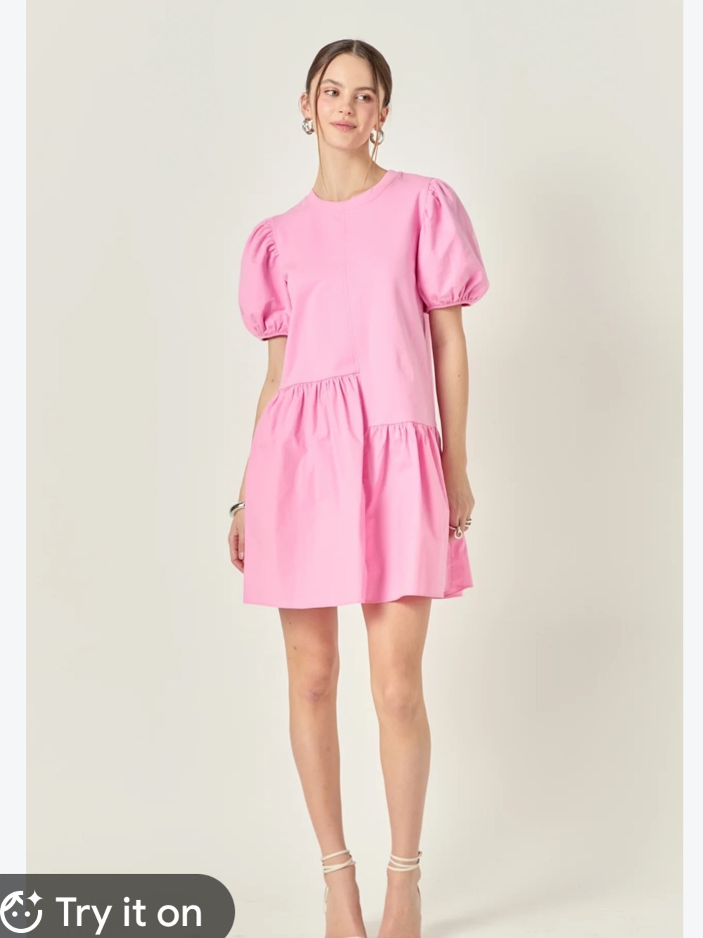 English Factory Knit Woven Mixed Dress Pink Women’s size Medium Puff Sleeve